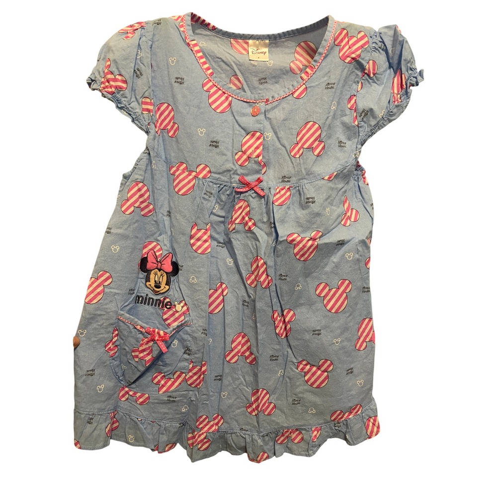 Disney Minnie Mouse Blue Pink Striped Nightgown Ruffle Hem Sleep Dress Size 4-6